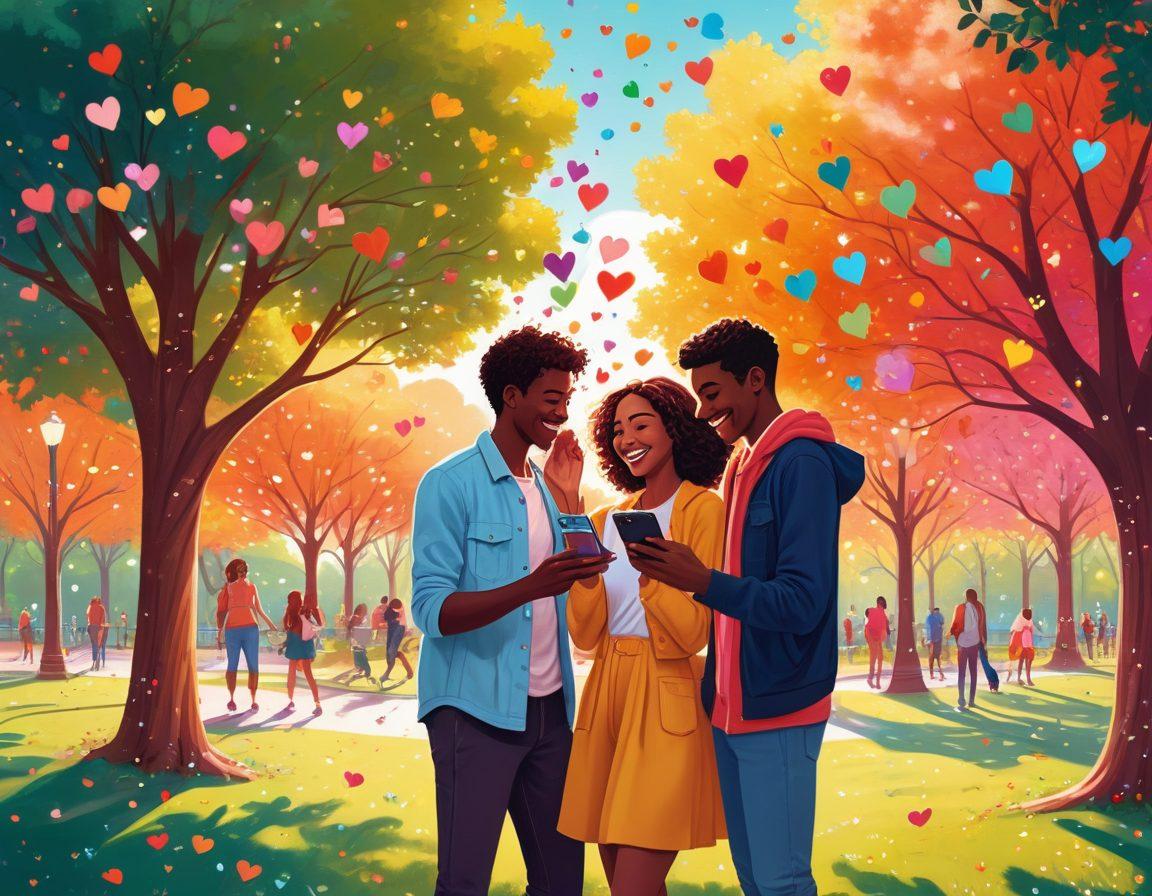 A whimsical illustration of diverse couples flirting in a vibrant park setting, with visible dating apps on their phones. Include playful hearts and sparkles in the air to symbolize romantic connections. Capture a sunny atmosphere that conveys excitement and fun. Use vibrant colors and a cartoonish style for a light-hearted feel.
