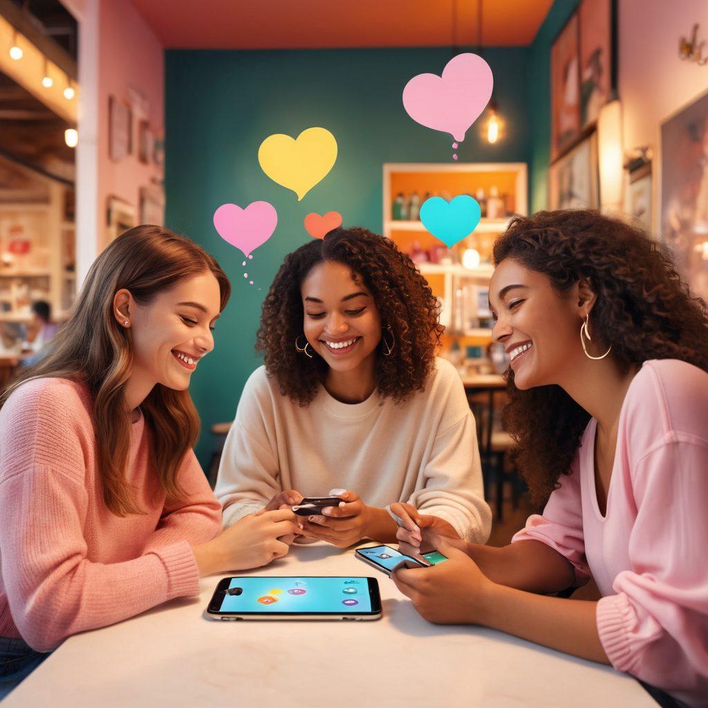 A diverse group of people using smartphones in a cozy café, showcasing smiles and subtle flirtations, surrounded by heart symbols and chat bubbles. Soft pastel colors enhance a relaxed vibe, while various dating app icons subtly blend into the background. The scene embodies connection and spontaneity in modern dating. vibrant colors. digital art. playful style.