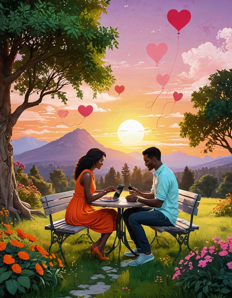 A whimsical illustration of a couple transitioning from playful online flirting to an adventurous romantic date, with elements of digital chat bubbles fading into a scenic outdoor setting filled with lush greenery and a sunset. Include symbols of love, like hearts and flowers, intertwined with technology like smartphones. The scene conveys warmth and excitement, showcasing their journey from virtual connection to real-life intimacy. bright colors. vibrant and dreamy style.